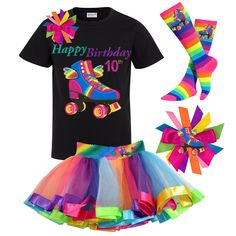 Personalized Roller Skate Party 7th Birthday Outfit. Happy Wings roller skate rainbow number 7 shirt with rainbow ribbon shoulder bow. Twirly rainbow tutu skirt with roller skate and sparkly hearts. Rainbow roller derby socks for girls. Shop Bubblegum Divas for the best kids roller skate party outfits. Skate Outfit, Roller Skate Birthday, Roller Skating Outfits, Happy 11th Birthday, Happy Birthday Shirt, Birthday Package, Happy 12th Birthday, Skate Birthday, Roller Skating Party