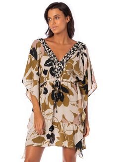 Maaji Vintage Garden Lilith Kaftan V-neck Kaftan For Resort Season, Beachy Flowy V-neck Kaftan, Tropical V-neck Cover-up For Resort Season, Beige Floral Print Beach Kimono, V-neck Beachwear Kaftan For Poolside, Flowy Beachwear Cover-up With Kimono Sleeves, Beachwear Swimwear With Kimono Sleeves For Vacation, Flowy V-neck Beachwear Swimwear, Spring Beachwear Beige Kaftan