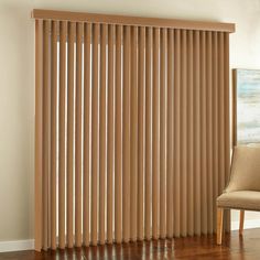 a living room with wooden blinds in it