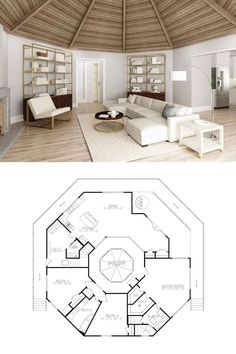 the inside and outside view of a house with floor plans on each side, including an open