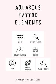 the aquarius tattoo elements are shown in black and white on a light pink background