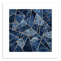 a blue and gold abstract art print with geometric shapes in the center, on a white background