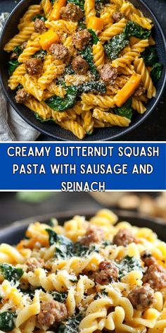 creamy butternut squash pasta with sausage and spinach in a skillet on the stove