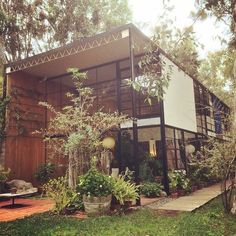 a house that is surrounded by trees and plants in the yard with a lot of greenery around it