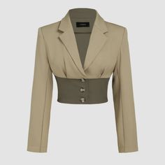 2 Tone Cropped Blazer Woven Size: Xl Fitted Khaki Button-up Blazer, Fitted Chic Khaki Blazer, Fitted Khaki Cropped Jacket With Long Sleeves, Fitted Khaki Cropped Jacket For Winter, Beige Fitted Cropped Jacket With Buttons, Beige Fitted Cropped Jacket For Office, Fitted Beige Cropped Jacket With Buttons, Fitted Khaki Cropped Jacket For Spring, Fitted Beige Cropped Jacket For Office