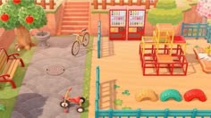 an animated image of a child's play area with toys, benches and children's bikes