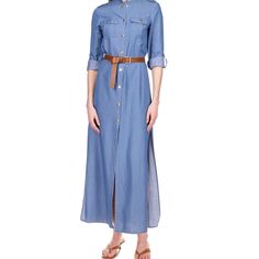 New Brand Never Used Petites Designed To Fit And Flatter 5'4" And Under Frame Band Collar; Shirtdress Silhouette Front Snap-Closure Placket Roll-Tab Sleeves Epaulets At Shoulders; Snap Flap Pockets At Chest; Slits At Sides Of Hem Xs=0-2, S=2-4, M=6-8, L=10-12, Xl=14-16 Unlined Cotton/Lyocell; Belt: Pvc/Polyurethane Machine Washable Imported Blue Maxi Dress With Pockets For Daywear, Chic Michael Kors Dress For Work, Chic Michael Kors Workwear Dresses, Collared Blue Maxi Dress For Spring, Blue Dress With Button Closure And Spread Collar, Elegant Spring Michael Kors Dress, Elegant Michael Kors Dresses For Spring, Elegant Michael Kors Spring Dress, Fitted Michael Kors Dress For Spring