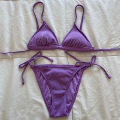 Purple Glitter Triangle Bikini Set New Without Tags/ Never Worn Or Washed Xhilaration By Target Ribbed Material With Sparkles Sparkles Do Not Shed Stretchy Material Top: Triangle Cut Cups Removable Padding Adjustable Straps Than Can Be Worn Normally Or Cross-Back Size Small Bottom: Side-Tie High-Leg Style Adjustable Ties On Sides Size Medium But Fits More Like A Size Small See Photos For Approximate Measurements Purple Glitter, High Leg, Stretchy Material, Womens Swim, Adjustable Straps, Shed, Target, Glitter, Size Medium