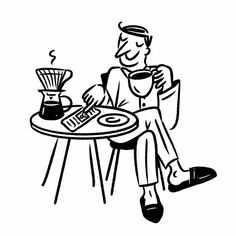 a black and white drawing of a man sitting at a table with a cup of coffee