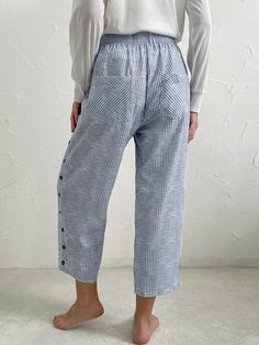 Casual Striped Loose Pants | justfashionnow Wide Leg Loungewear Pants With Button Closure, High Waist Baggy Capris With Elastic Waistband, Baggy High Waist Capris With Elastic Waistband, Casual Ankle-length Pants With Buttons, Casual Capris With Button Closure, Button-detail Loungewear Pants, Summer Baggy Bottoms With Button Closure, Baggy Summer Bottoms With Button Closure, Casual Baggy Pants With Buttons