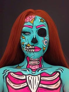 Face Painting Cartoon Characters, Halloween Body Painting Ideas, Cartoon Zombie Makeup, Mens Halloween Face Paint, Face Paint Makeup Ideas, Pop Art Makeup Ideas, Halloween Face Paint Ideas For Women, Cool Face Paint Ideas, Pop Art Zombie Makeup