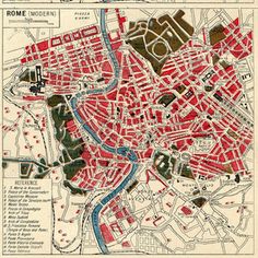 an old map of rome showing the roman city and its surrounding streets, with red buildings