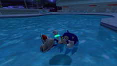 a video game character in the middle of a swimming pool