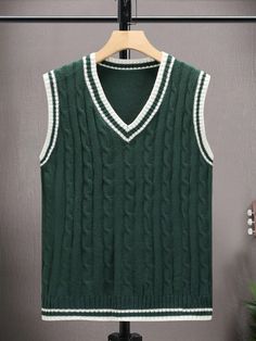 Dark Green Casual Collar  Fabric Striped  Embellished Slight Stretch  Men Clothing Cricket Sweater Men, Shein Outfits For Men, Clothes Men Aesthetic, Twilight Costumes, Mens Sweater Vest, Cricket Sweater, Vest Outfits Men, Green Sweater Vest, Green Clothes