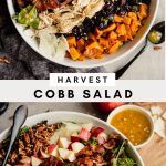 two bowls filled with different types of food and the words harvest cobb salad above them