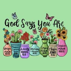 the words god says you are surrounded by painted vases with flowers and cactuses