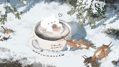 an animal is sitting in a cup on the snow