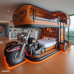 a motorcycle is parked in front of a bunk bed with a built - in desk