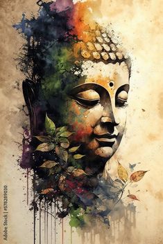 the buddha statue is painted with watercolors