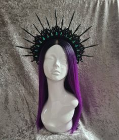 Aurora halo crown headdress. Beautiful matt black embellished with brushed silver filigree tips and Aurora green gems, mounted onto the headband with loops to add ribbon if required 🖤 Different colour gemstones can be used if required message me to discuss.  Lightweight and comfortable to wear.  I have many more pieces available 🖤 Crown Headdress, Halo Crown, Green Gems, Costume Hats, Silver Filigree, Headdress, Costume Accessories, Headpiece, Aurora