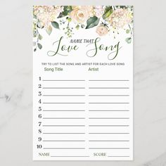 a white and green floral printable game with the words, name that love song