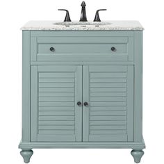 a bathroom vanity with marble top and two doors on the side, in light blue