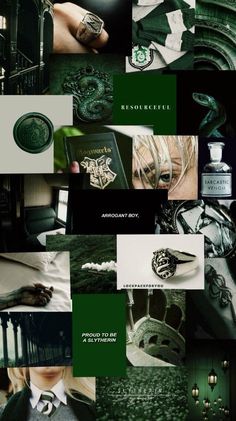 a collage of green and black images with the words harry potter written on them