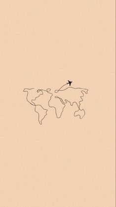 an airplane flying over the top of a world map on a beige background with black lines