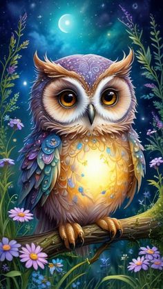 an owl sitting on top of a tree branch under a night sky with stars and flowers