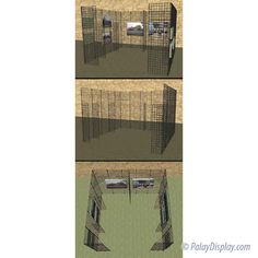 three different views of the inside of a caged in animal enclosure with doors open