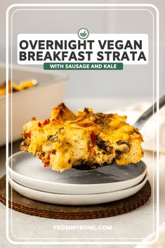 overnight vegan breakfast strata with sausage and kale on a white plate