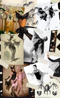 an assortment of halloween costumes are shown in black and white, including batgirls