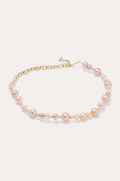 A strand of gold vermeil set with cubic zirconia connected to a strand of pink pearls. This necklace is designed to sit above the collar bone and is fastened with an adjustable hook and eye clasp. Adjustable Pink Pearl Chain Jewelry, Feminine Pink Pearl Necklace, Adjustable Pink Pearl Necklace, Elegant Pink Baroque Pearl Necklace, 14k Yellow Gold-filled Pearl Necklace With Adjustable Chain, Short Neck, Heart Face Shape, Vermeil Jewelry, Pink Pearl