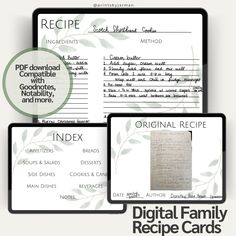 three recipe cards with the words digital family recipe cards