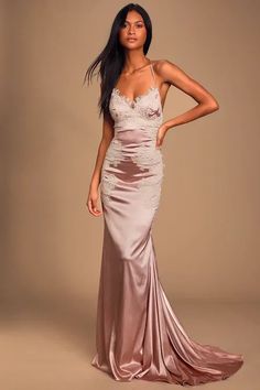 Fantasy Come True Mauve Pink Lace Satin Lace-Up Maxi Dress, elegant sexy prom dress. #promdress #prom #dress #promdresses #eveningdress #fashion #weddingdress #partydress #k #dresses #wedding #ballgown #style #gown #eveninggown Petite Party Dress, Lace Trim Dress, Unique Prom Dresses, Mauve Dress, Pink Maxi, Prom Outfits, Satin Maxi Dress, Pink Maxi Dress, Pink Lace