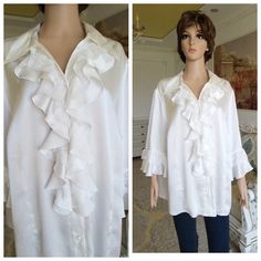 "Ruffle blouse ivory blouse ivory Ruffle shirt 3XL boho shirt womens shirt classic blouse pirate blouse poet shirt poet blouse evening blous Please refer to photos for details of condition. Condition: very good vintage Measurements : Length: 71 cm/28\" Sleeve : 43 cm/17\" Shoulder to shoulder: 47 cm/18.5\" Bust: 140 cm/55\" Waist 140 cm/55\" Tag Size: D/NL -52 F/B-54 GB26R I-58 note The color on the pictures may vary due to monitor settings and light reflections. Ready to ship Please do not hesi Spring Lace Trim Blouse, Elegant V-neck Blouse With Relaxed Fit, Elegant Flowy Blouse For Fall, Fitted Ruffle Shirt Elegant Style, Elegant Ruffled Shirt For Spring, Elegant Long Sleeve Shirt With Ruffles, Elegant Long Sleeve Ruffled Shirt, Formal Summer Blouse With Ruffles, Summer Formal Blouse With Ruffles