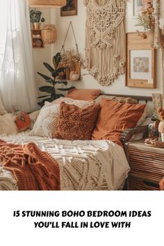 a bedroom with lots of pillows and pictures on the wall