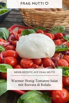 tomatoes, basil and mozzarella on a plate with text overlay