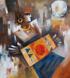 an abstract painting of a woman holding a box with a gold ring on it's neck