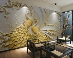 the wallpaper is decorated with gold and white peacocks