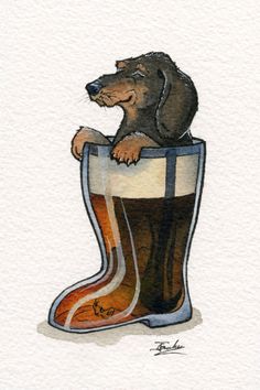 a drawing of a dog sitting in a boot