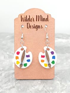 Paint Earrings, Artsy Hand Painted Earrings For Everyday, Painting Earrings, Artistic Hand Painted Earrings For Gifts, Art Teacher Earrings, Painters Palette Earrings, Painter Gifts, Playful Hand-painted Dangle Earrings, Laser Cut Necklace