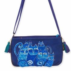 Laurel Burch Feline Cat Small Crossbody Purse Tote Bag Handbag Blue | eBay Blue Rectangular Bag With Cat Design, 5 Cats, Small Crossbody Purse, Laurel Burch, Handmade Handbags, Medium Tote, Chic Handbags, Crossbody Tote, Small Crossbody