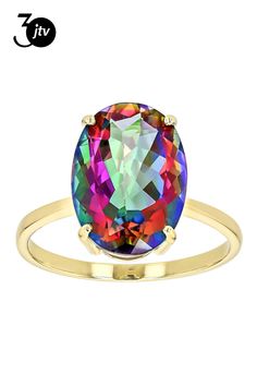 6.21ct Oval Mystic Fire�� Green Topaz 10K Yellow Gold Ring. Measures Approximately 0.39"L x 0.55"W. Green Topaz, Yellow Gold Ring, 10k Gold, Yellow Gold Rings, Gold Ring, Topaz, Gold Rings, Yellow Gold, Ring