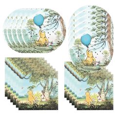 winnie the pooh and piglet paper plates with blue balloons on them, set of 6