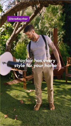 a man standing in the grass with a frisbee and text that reads, wayfair has every style for your home