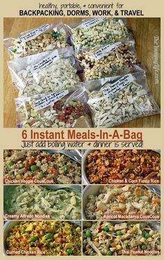 six instant meals in - a - bag are packed and ready to be eaten