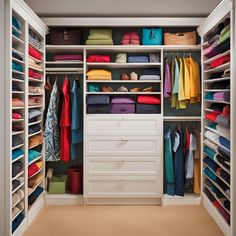 an organized closet with white drawers and lots of colorful clothes hanging on the walls,