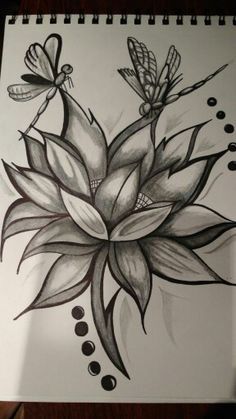 a drawing of a flower with two butterflies on it