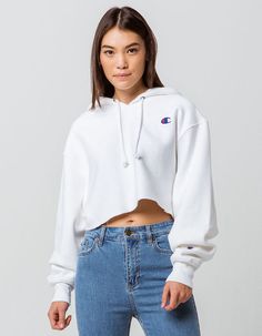 CHAMPION Reverse Weave White Womens Crop Hoodie Exaggerated Sleeves, Cropped Pullover, Hoodie Brands, Crop Sweatshirt